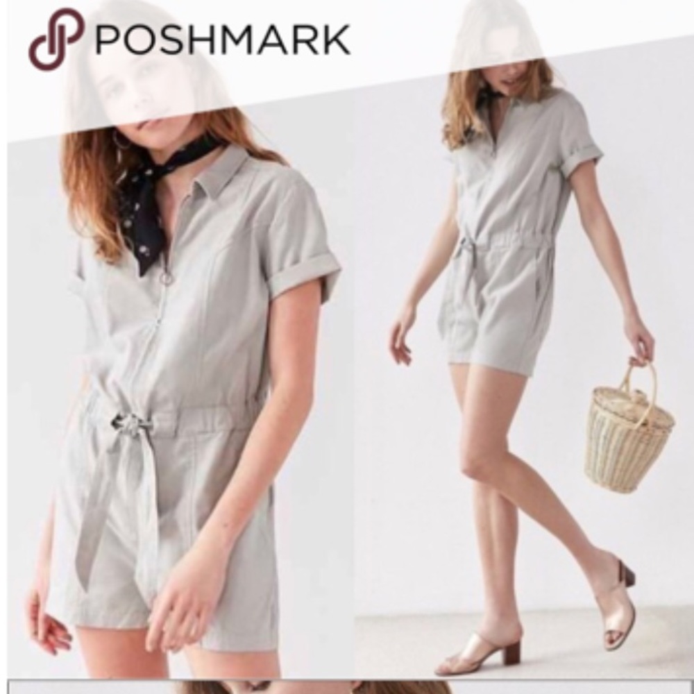 Short Sleeve Utility Coverall Romper Front Zip - Picture 2 of 8